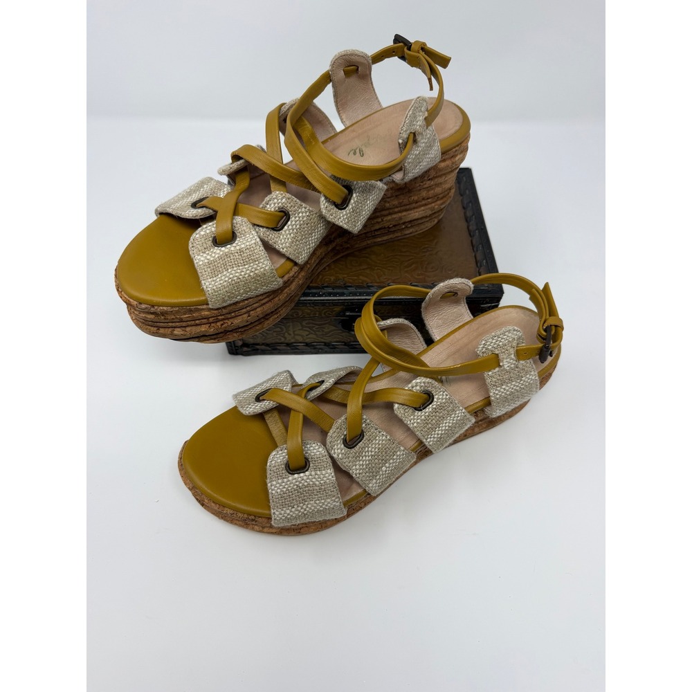 Free People Mustard Yellow Leather Cork Platform Wedge Sandals Made in Spain 6.5